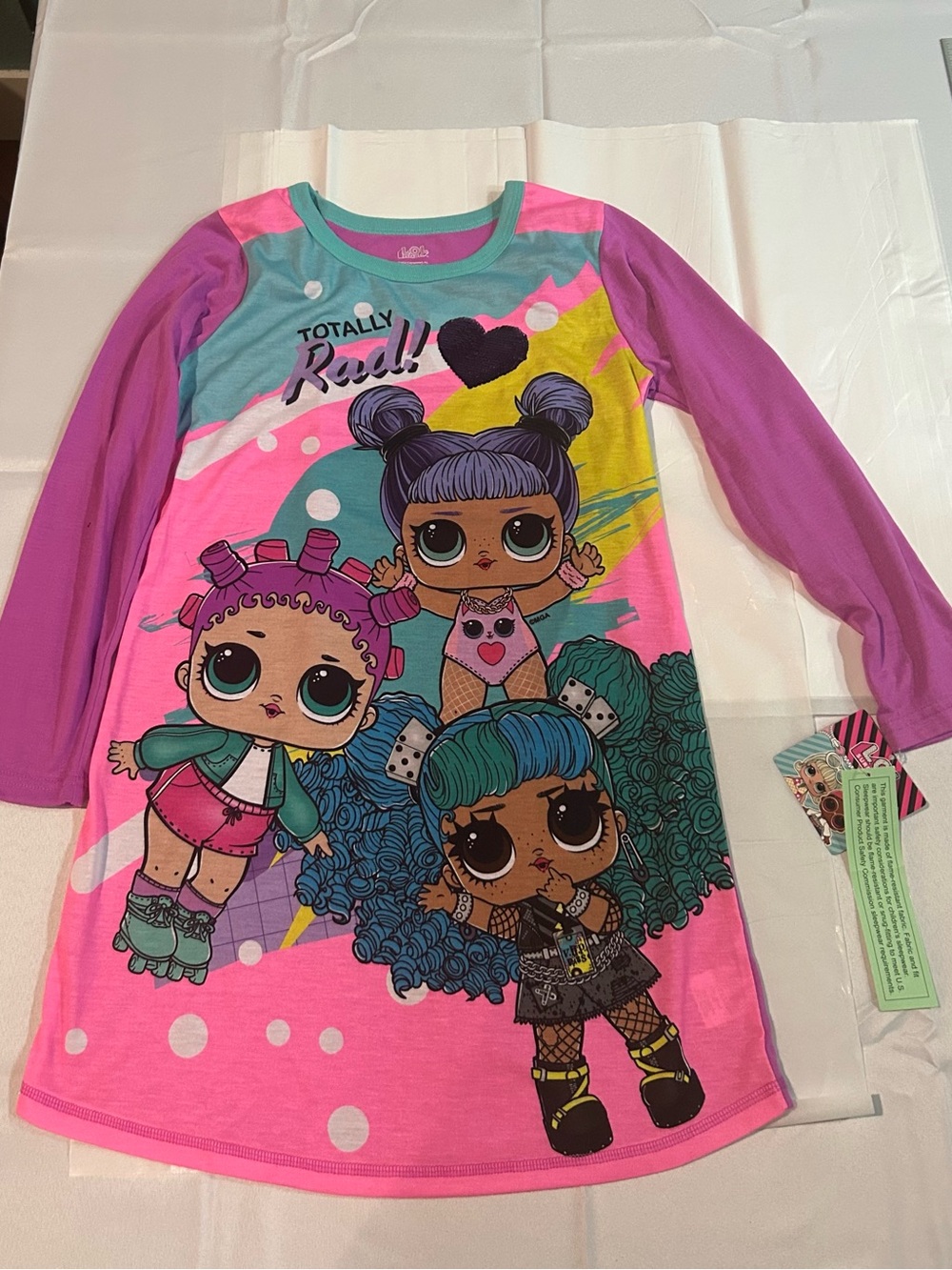 LOL long-sleeve graphic nightgown for girls featuring popular doll characters